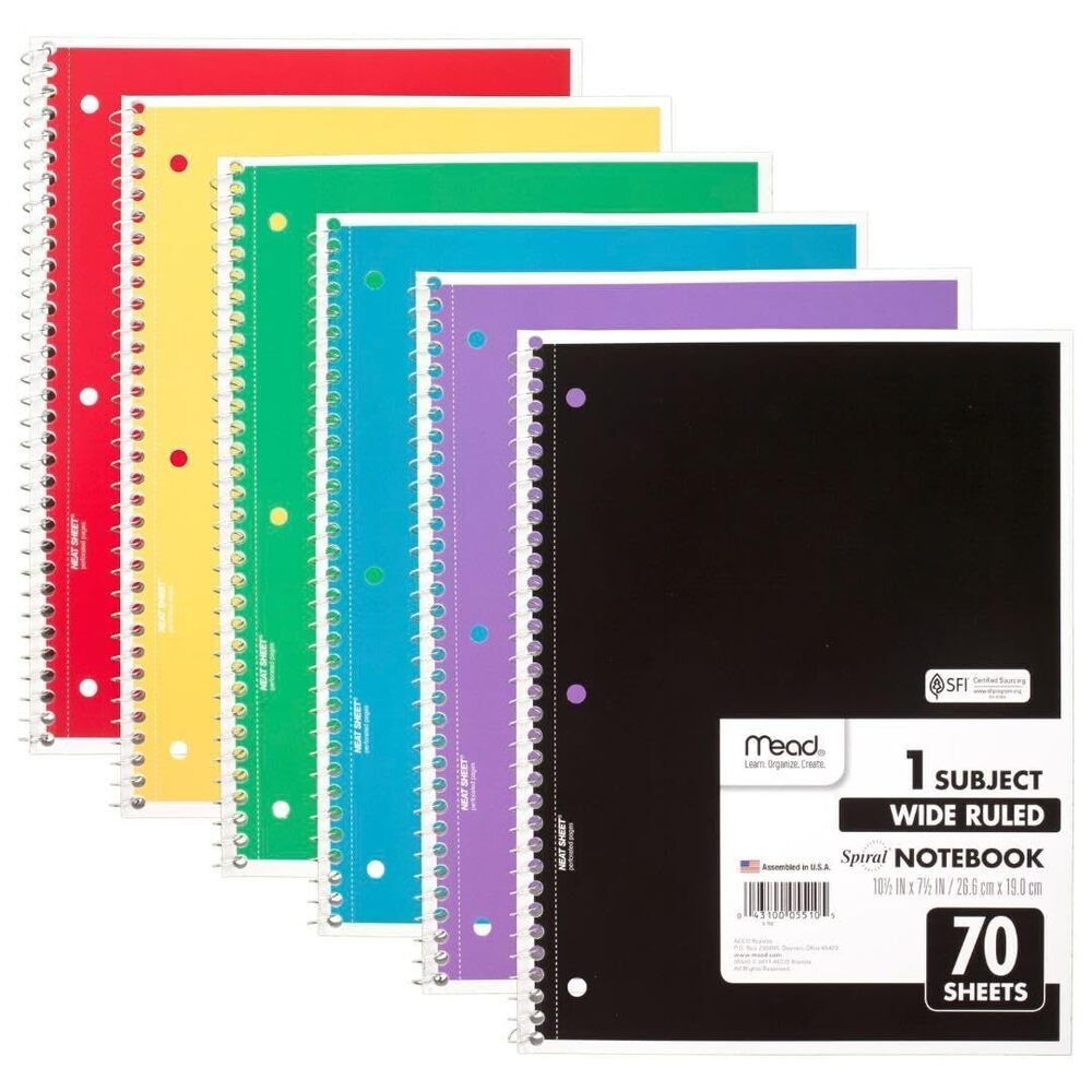 Spiral Notebook, 6 Pack, 1 Subject, Wide Ruled Paper, 7-1/2" x 10-1/2", 70